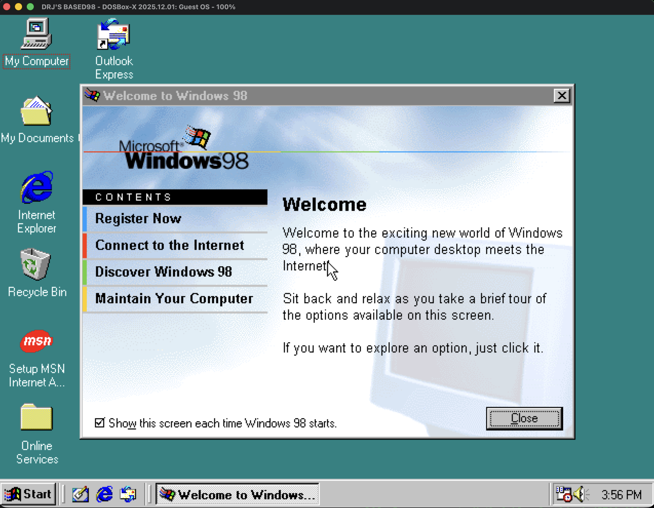 Windows 98 running inside DOSBox-X on a modern Mac